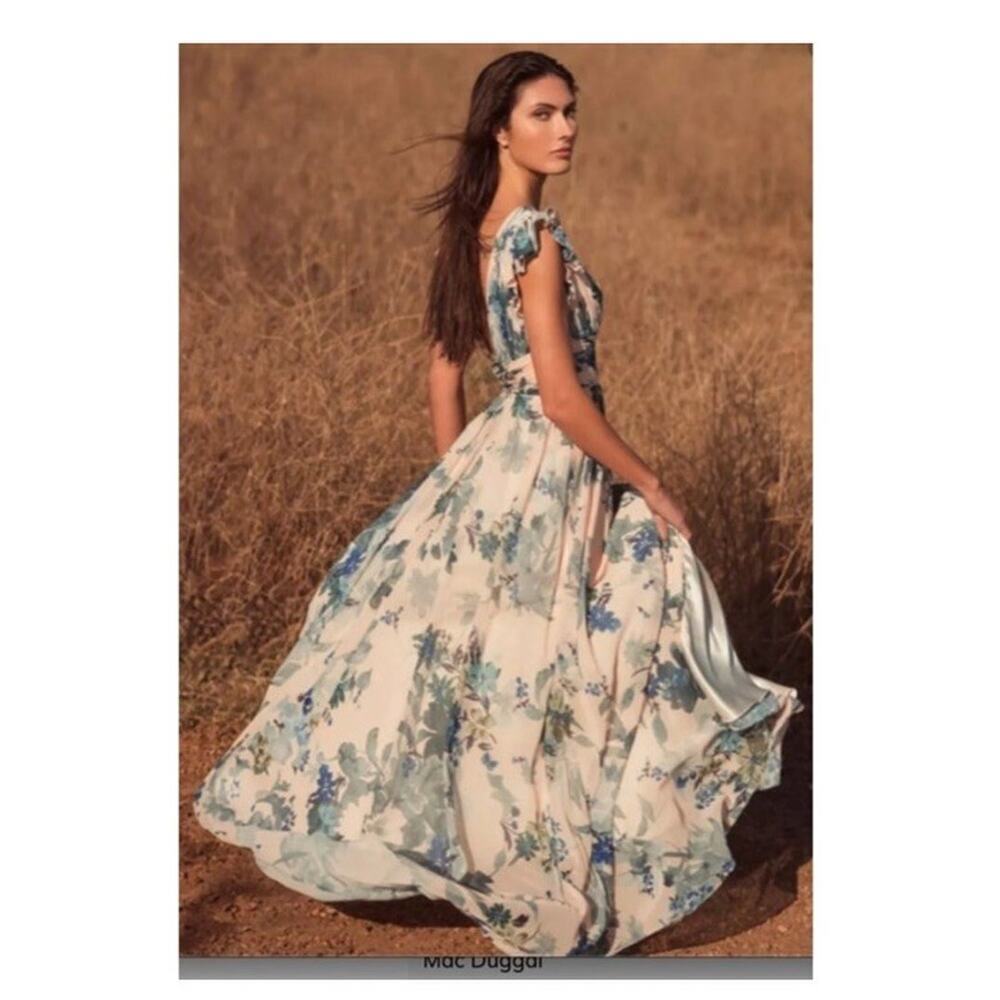 Mac Duggal Floral Print Flutter Sleeve Chiffon Gown Multi Womens Size 6 NWT